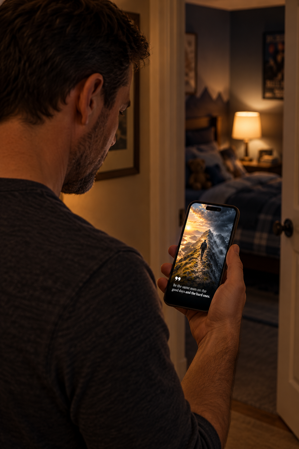 A stepdad reads a StepDad Nation mobile reminder on his phone in a hallway outside a child's bedroom