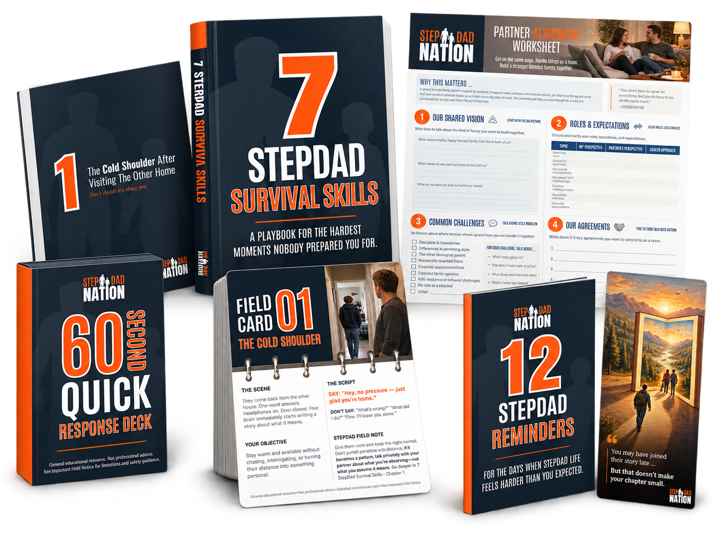 The complete StepDad Nation bundle: 7 StepDad Survival Skills, 12 StepDad Mobile Reminders, the 60 Second Quick Response Deck, and the Partner Alignment Worksheet