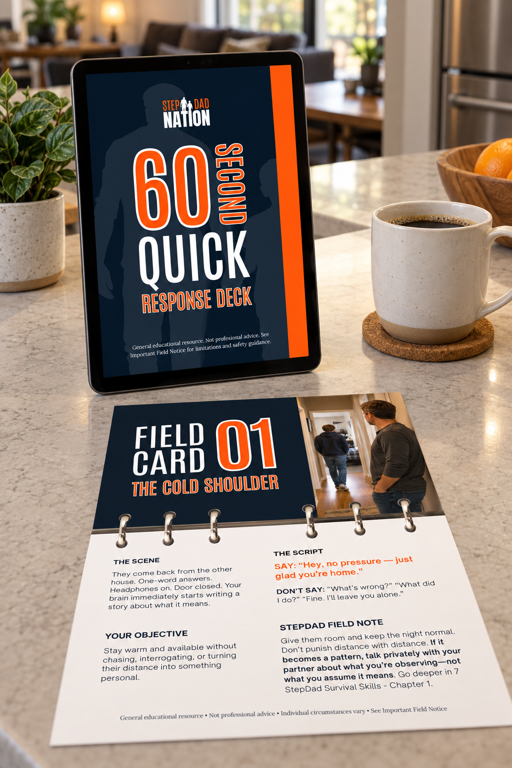 The 60 Second Quick Response Deck open on a tablet with its printed cards beside it on a kitchen counter