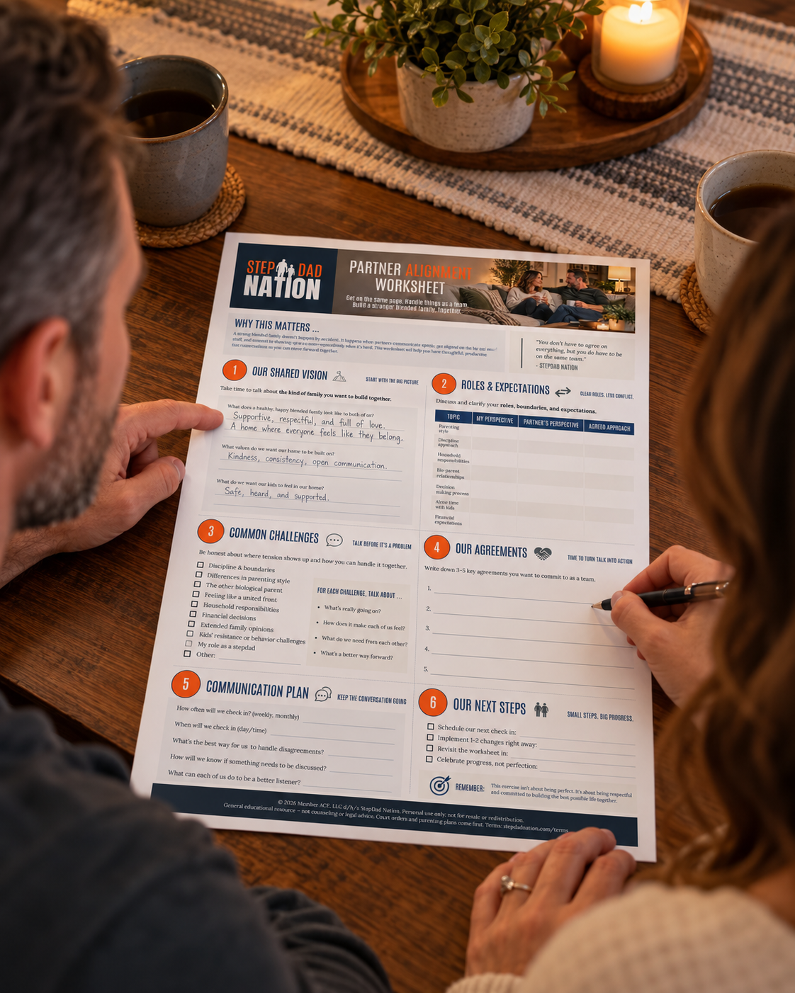 A couple fills out the StepDad Nation Partner Alignment Worksheet together at a table with coffee