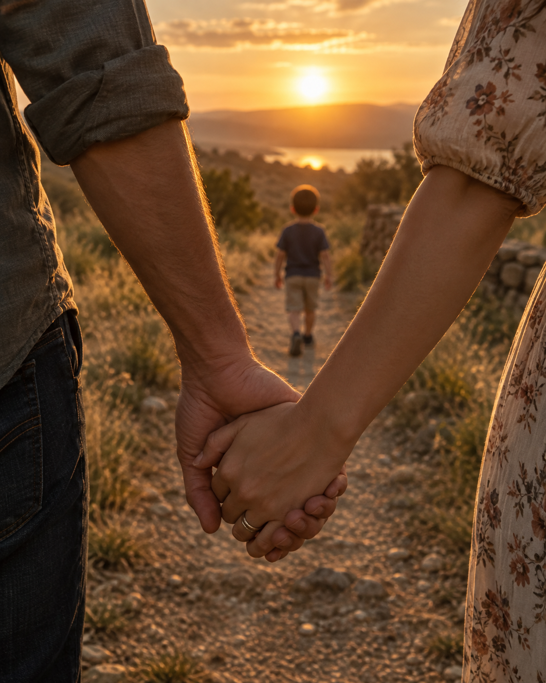 Two adults holding hands while a child walks ahead down a sunlit path
