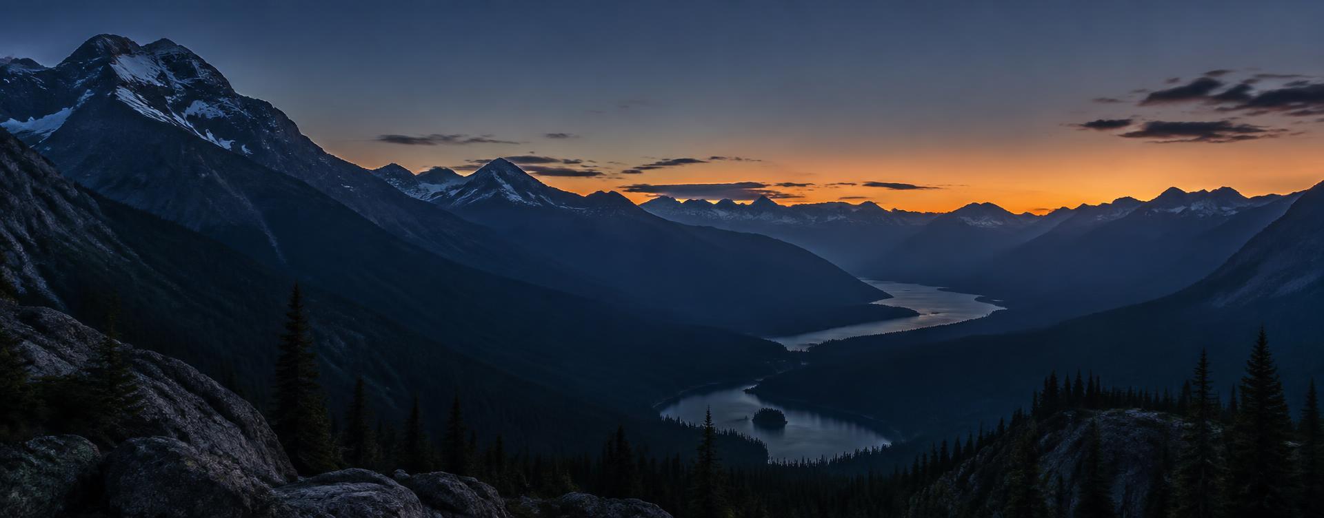 Mountain valley at dusk